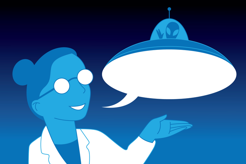 Scientist with a word bubble shaped like a UFO