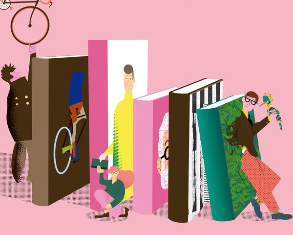Illustration of a lined up stack of books and cartoon-like people leaning against them
