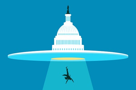 Illustration of UFO abducting a man with a lightbeam, the top of the UFO looks like the dome of the United States Capitol Building in Washington D.C.