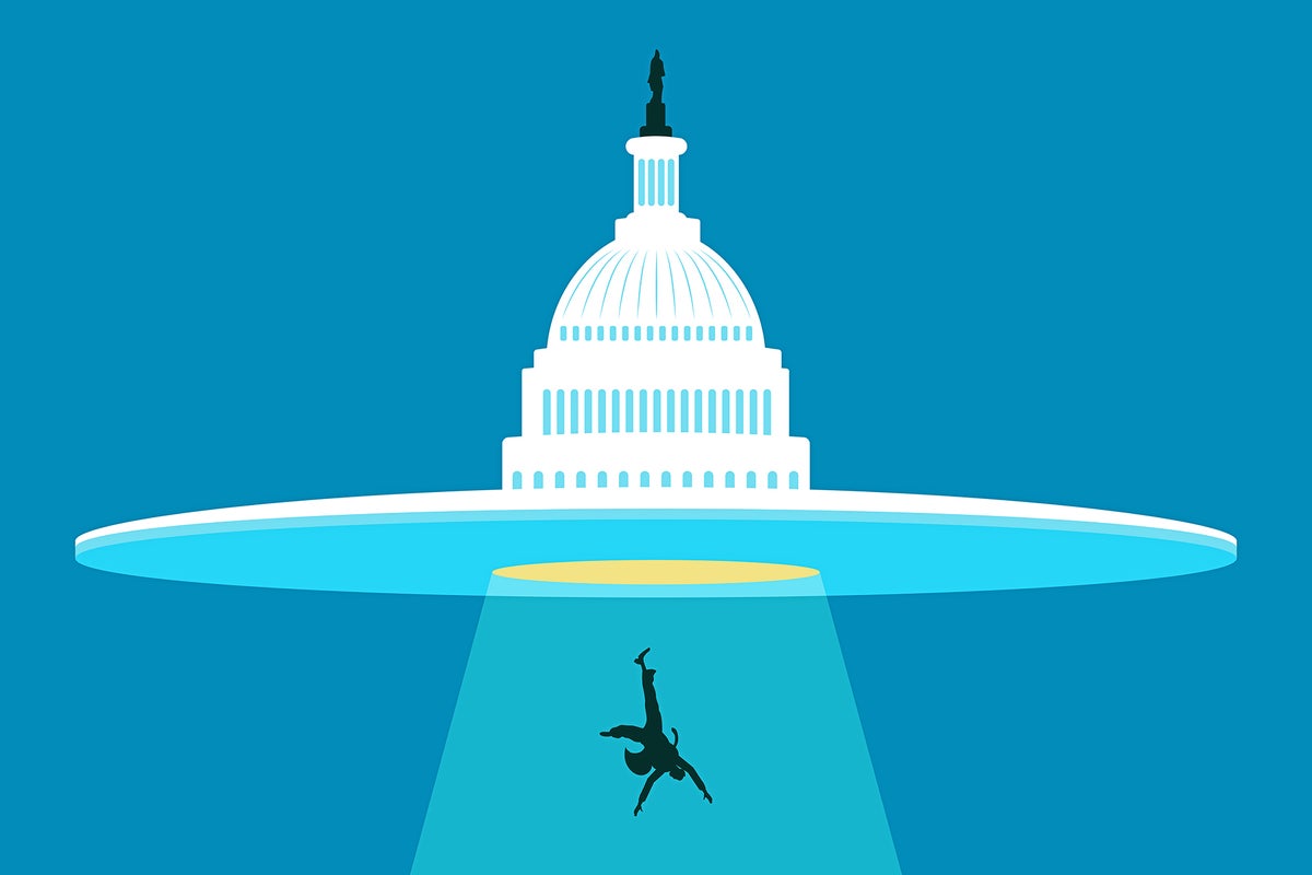 Illustration of UFO abducting a man with a lightbeam, the top of the UFO looks like the dome of the United States Capitol Building in Washington D.C.