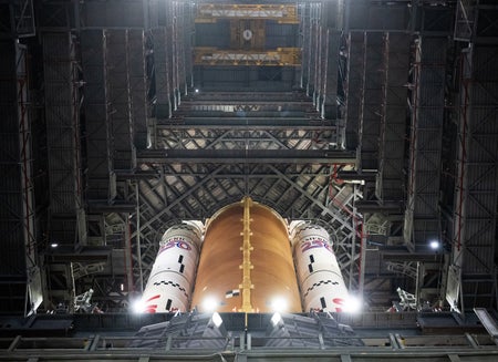 NASA’s Space Launch System rocket inside high bay 3 of the Vehicle Assembly Building