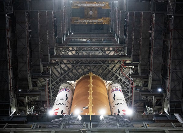 NASA’s Space Launch System rocket inside high bay 3 of the Vehicle Assembly Building
