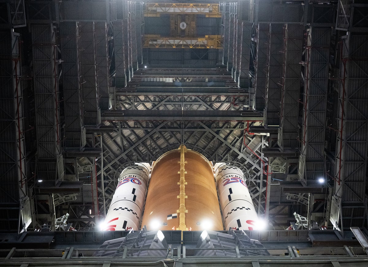 NASA's Space Launch System rocket inside high bay 3 of the Vehicle Assembly Building