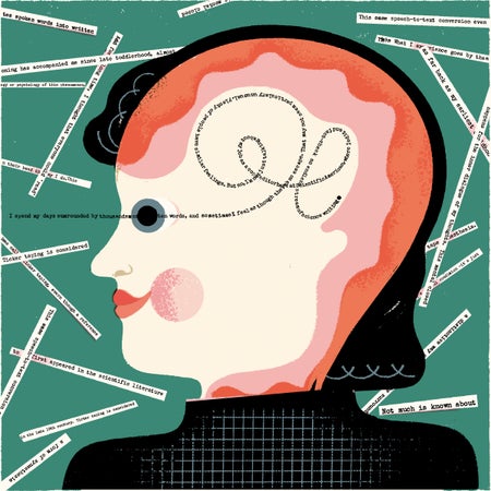 Illustration of a person's head with words and sentences floating around it