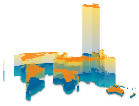 Colorful depiction of a world map, with different layers