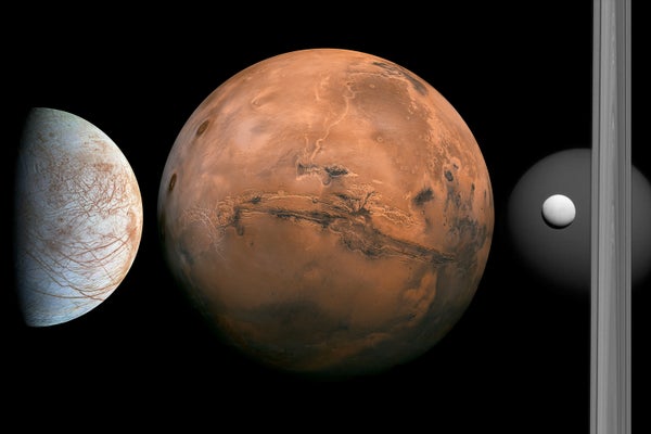 Tríptico com fotografias de Europa, Marte e Encélado (visto com uma parte dos anéis de Saturno e Titan ao fundo)