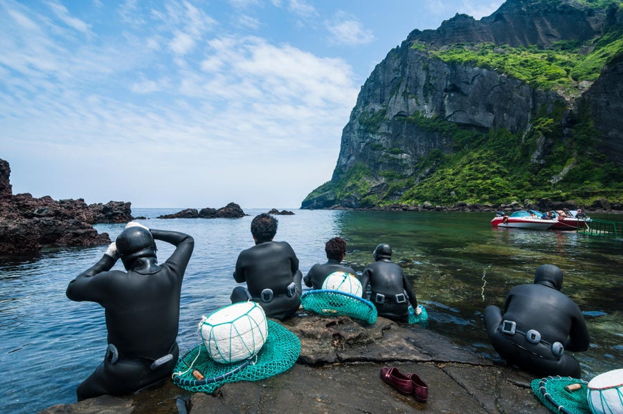 Rear view of female divers looking towards the sea