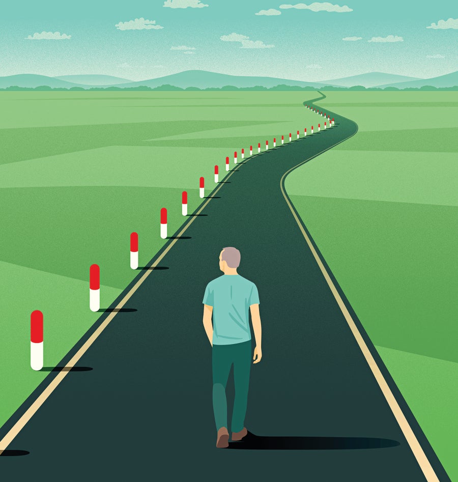 Illustration of a man walking down a road, along a pill path