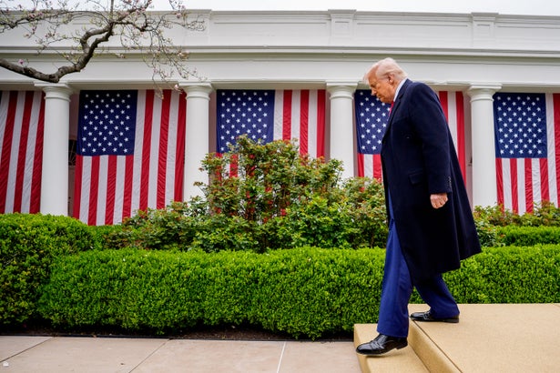U.S. President Donald Trump is seen taking a step down a set of stairs after a signing ceremony in the Rose Garden at the White House on April 2, 2025 in Washington, DC