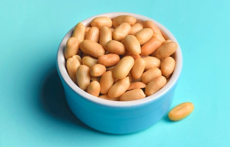 Bowl of shelled peanuts on a bright blue background