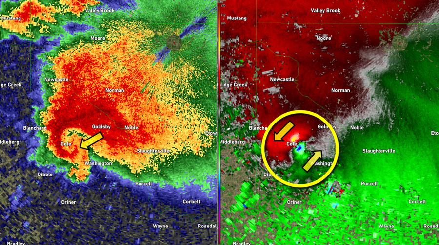 Two side-by-side doppler radar images show a base reflectivity image of a supercell thunderstorm on the left, and a base velocity image of the storm on the right