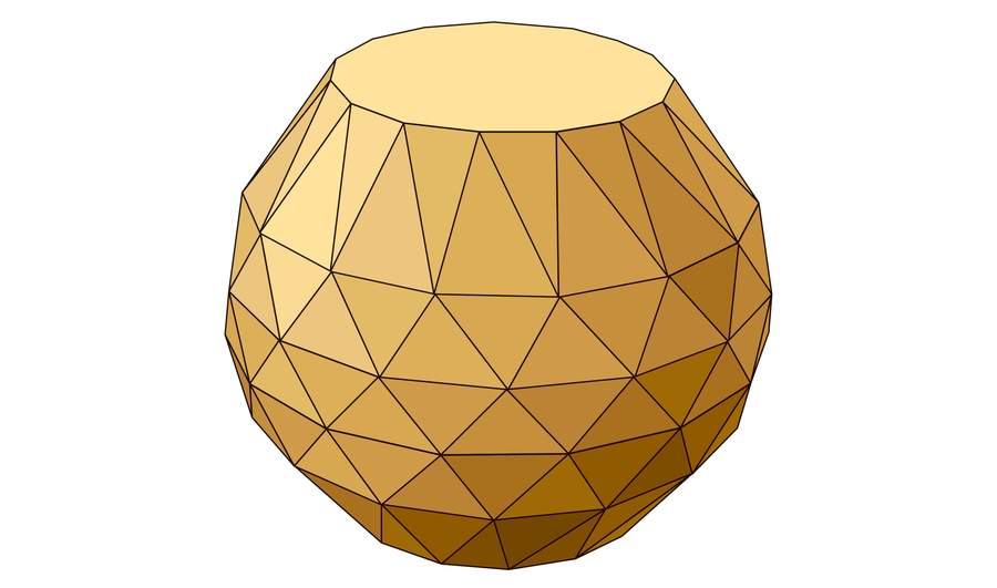 Graphic shows the noperthedron, a convex polyhedron resembling an inflated cylinder with two large faces on the top and bottom and 150 smaller triangular faces making up the height.