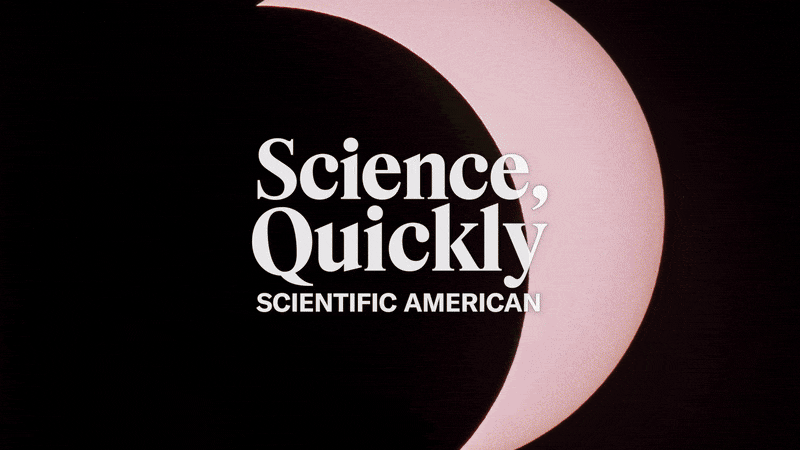 A close-up of a total solar eclipse progresses beneath the Science, Quickly logo