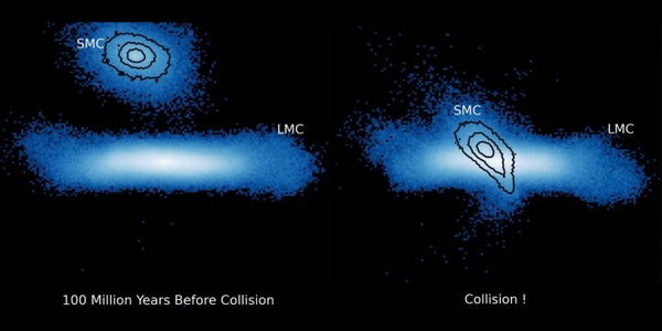 Two panels showing before and during a collision between two galaxies.