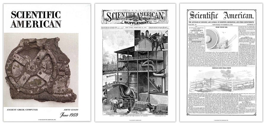 Covers of Scientific American from 1959, 1900 and 1854