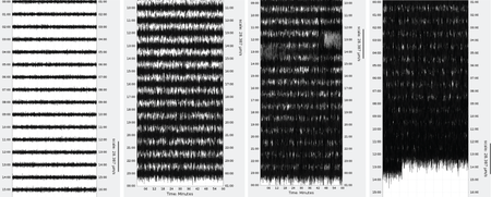 A series of four seismograms that show seismic wave lines becoming increasingly dense and pronounced