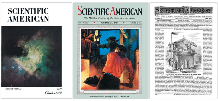 Covers of three issues of Scientific American from October 1974, 1924 and 1874.