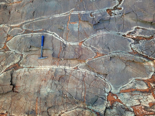 Wavy, blobby form of rock with cracks across it.