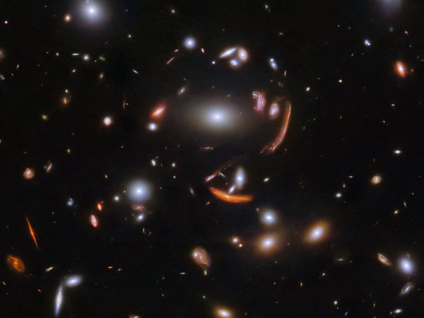 A cluster of galaxies as seen by the James Webb Space Telescope.