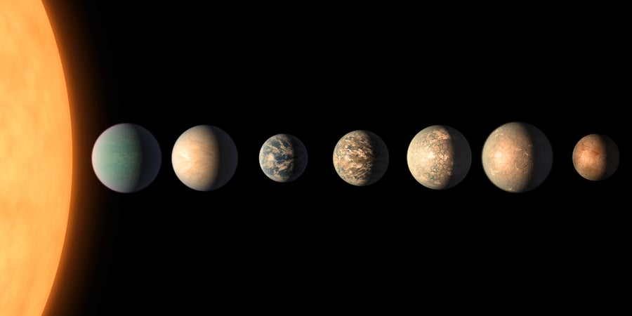 An artist's concept showing a line up of the TRAPPIST-1 planetary system