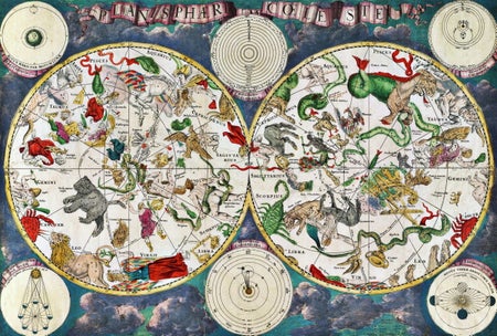 A 17th-century celestial map showing depictions of the zodiacal constellations