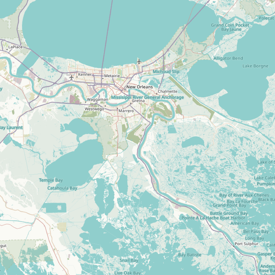 Map shows how the greater New Orleans region is situated along the Mississippi River with tattered wetlands to the south of the city.