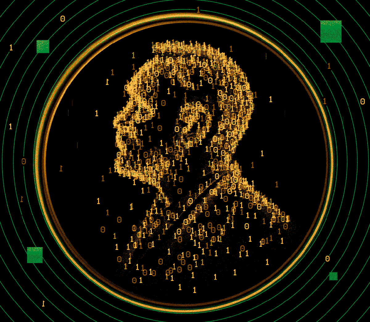 Animation of a Nobel prize medal made up of binary code