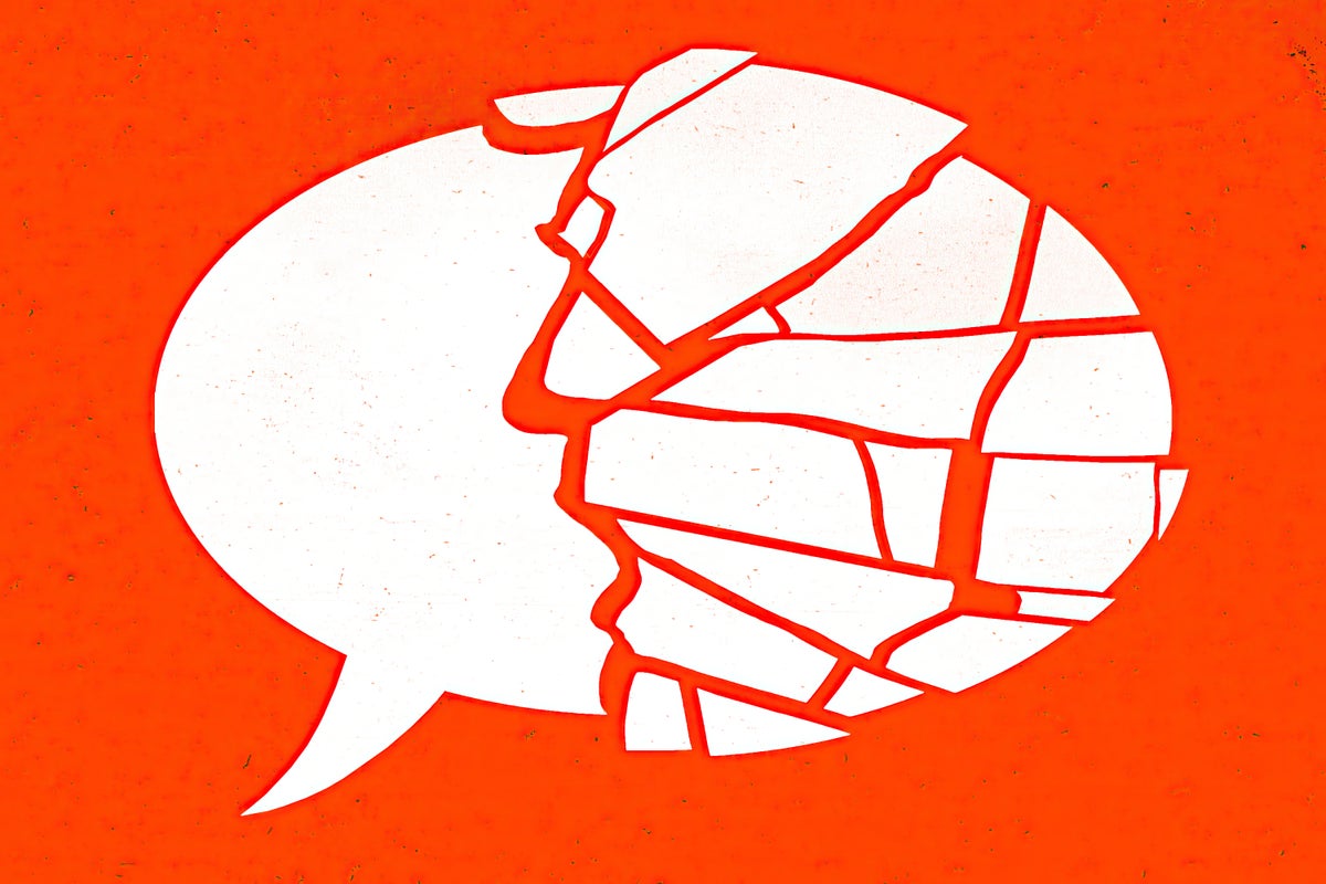 illustration of a white speech bubble disintegrating with cracks that form the shape of Donald Trump's profile on a red background