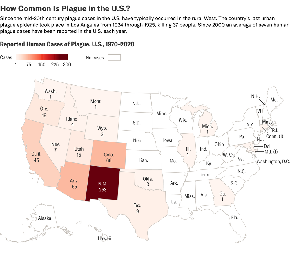 Un mapa muestra casos de plaga humanos reportados en los Estados Unidos desde 1970 hasta 2020. Nuevo México tiene el número más alto, con 253 casos. Treinta y dos estados y Washington, DC, han tenido cero casos.