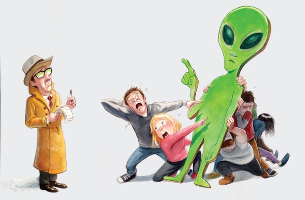 Illustration of a detective and people screaming at an alien.