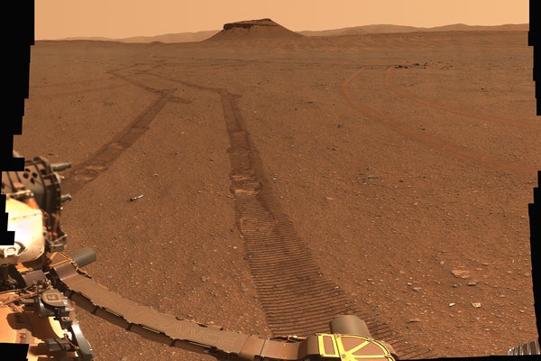 A photo mosaic showing the Mars Perseverance rover's sample depot on the surface of Mars
