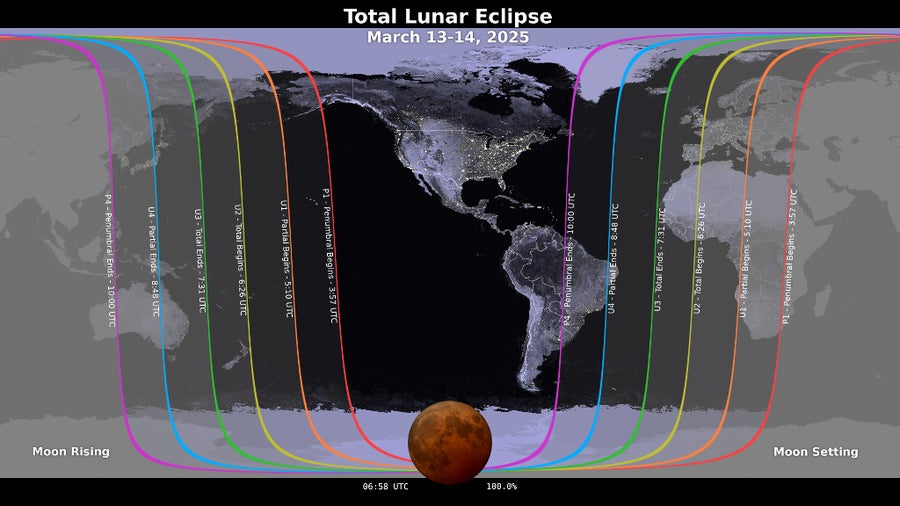 A visibility map for the total lunar eclipse of March 13-14, 2025