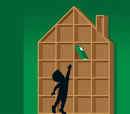 Illustration of the shadow of a child reaching up to grab a book on a bookshelf shaped like a house