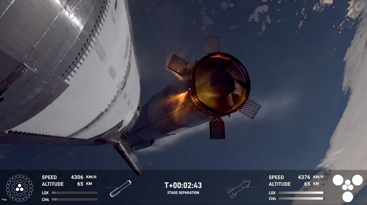 The two stages of SpaceX's Starship megarocket separate during the vehicle's test flight