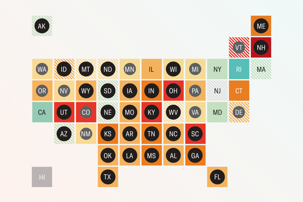 Graphic shows multicolored square tiles arranged to resemble a U.S. map with dark gray or black circles overlaid on many states.