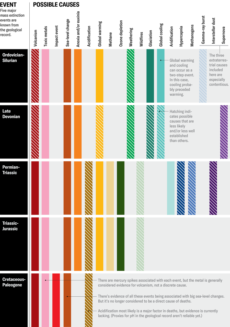 Table shows which of 19 extinction causes are associated with each of the five mass extinction events. Each event is associated with more than one cause. Volcanism, toxic metals and sea level change are associated with all five.