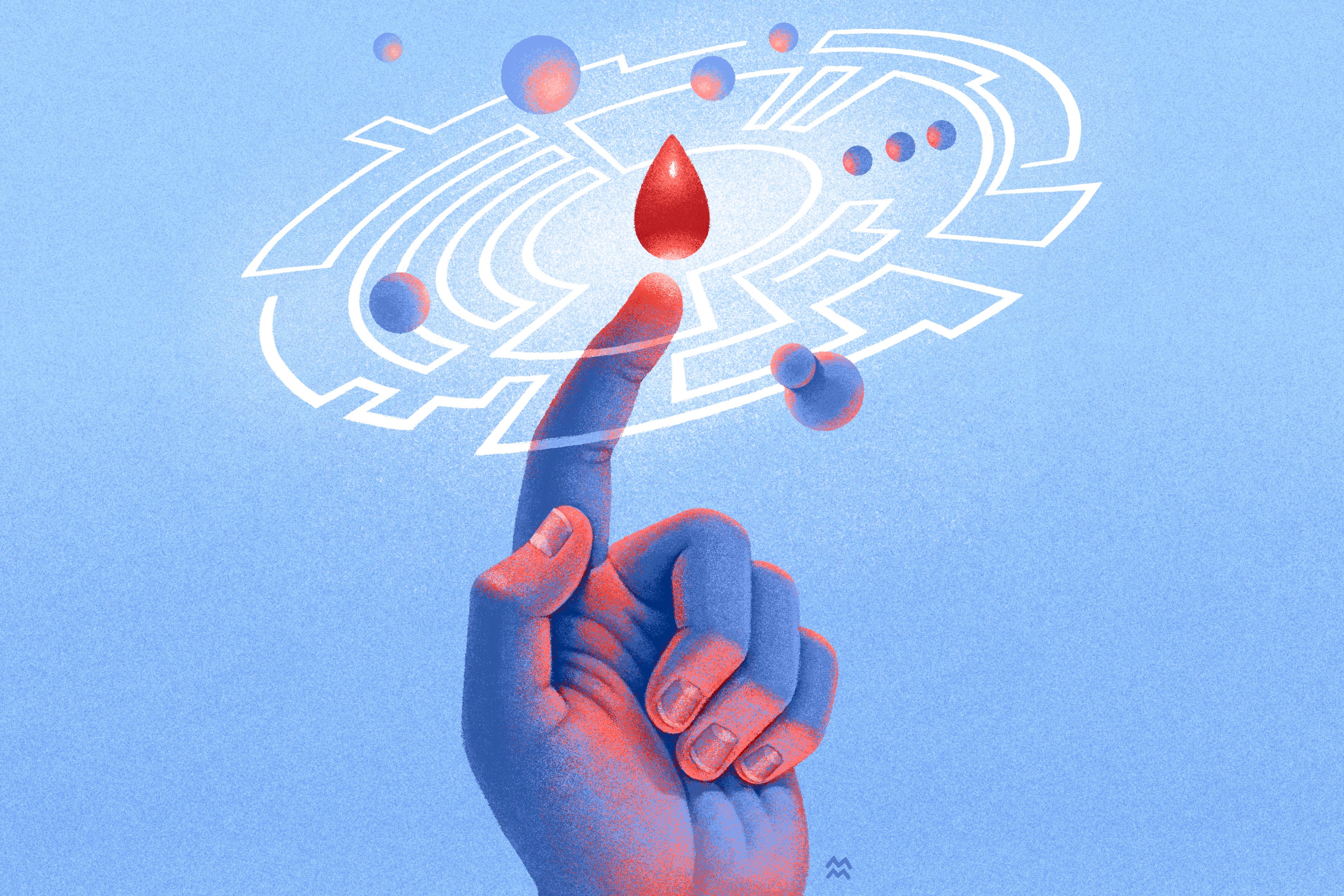Illustration of a finger pointed up at a drop of blood