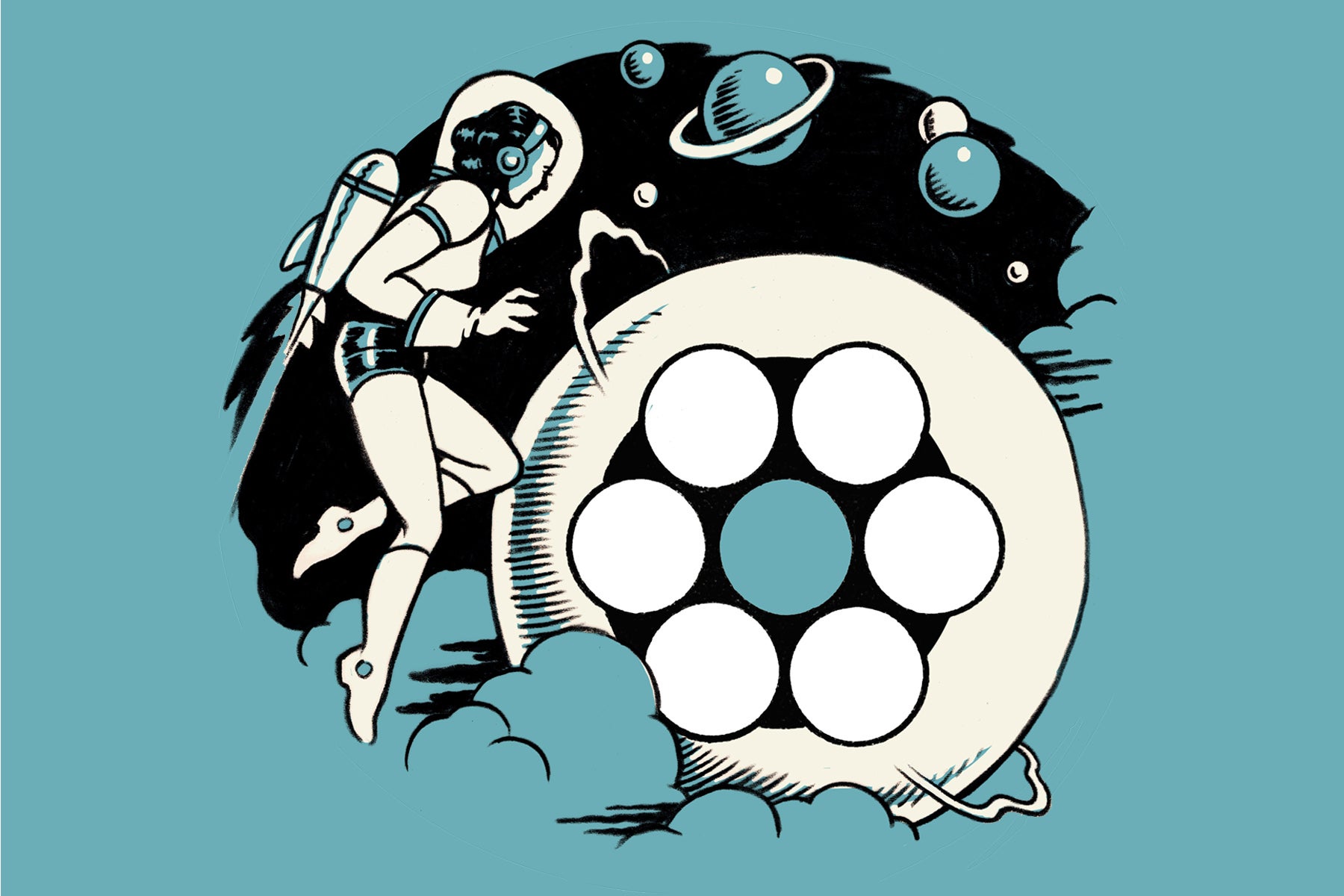 A woman in a spacesuit and jetpack examines a planet with a word game pattern within it