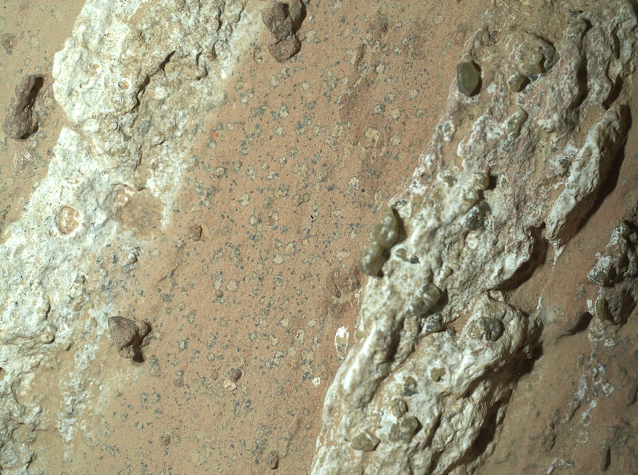 Une image de « Cheyava Falls », un rocher découvert sur Mars avec de curieux gisements minéraux qui pourraient être des signes d’une ancienne vie extraterrestre.