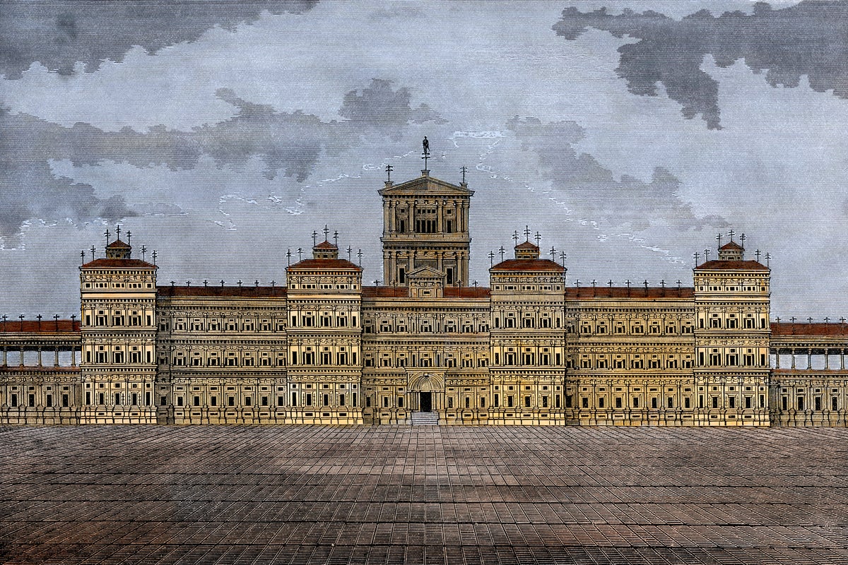 Color woodcut showing a large building.