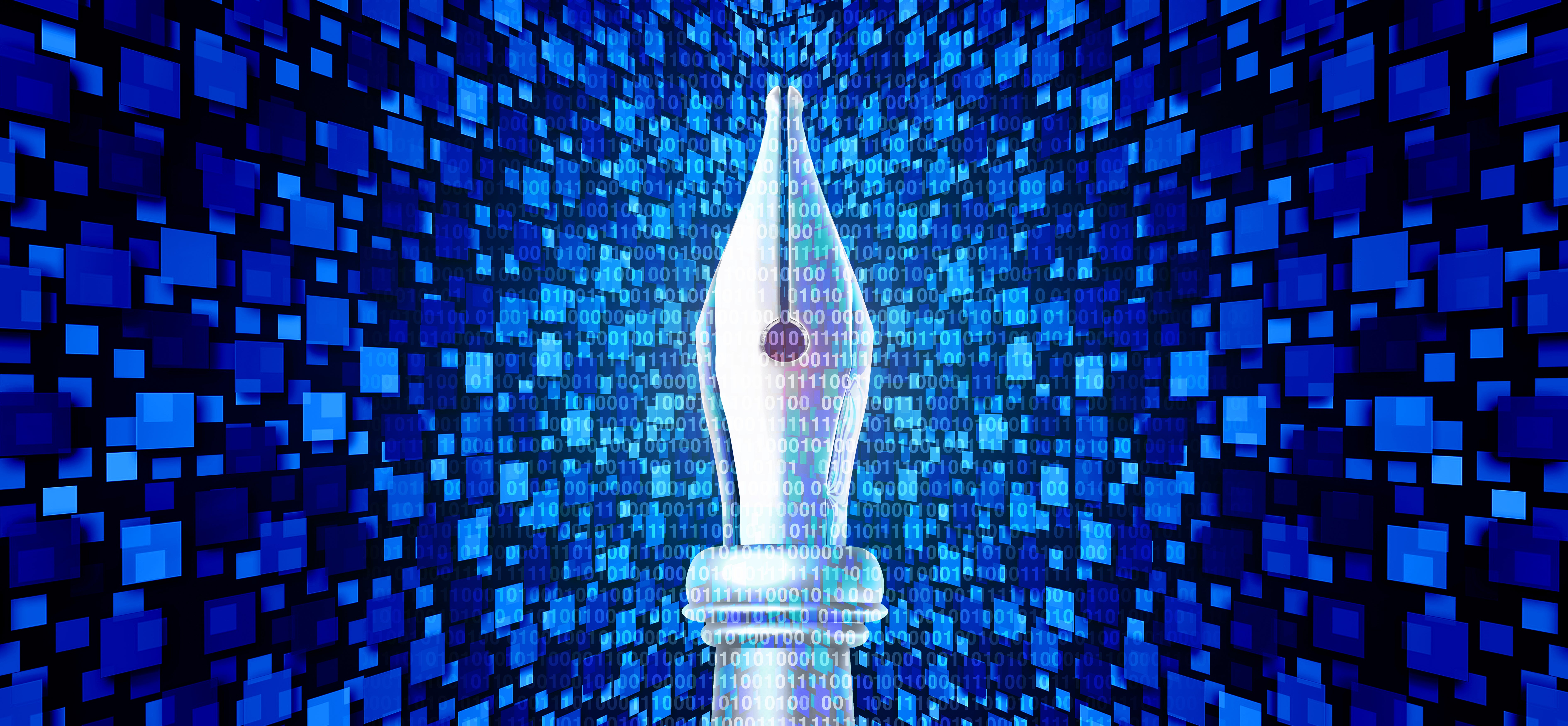 AI and writing conceptual illustration of an old pen nib against a blue binary code