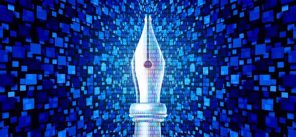 AI and writing conceptual illustration of an old pen nib against a blue binary code