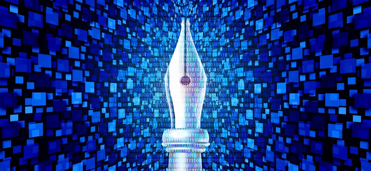 AI and writing conceptual illustration of an old pen nib against a blue binary code