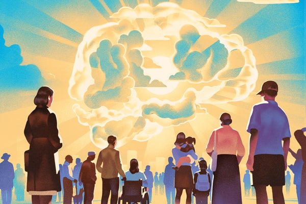 An illustration of a crowd of people looking up at the clouds