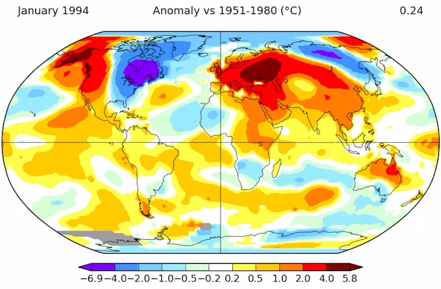 Map showing how temperatures in January 1994 compared to the 1951-1980 average. Temperatures in some parts of the country in January 1994 only approached 12.4 F (6.9 C) colder than the 1951-1980 average