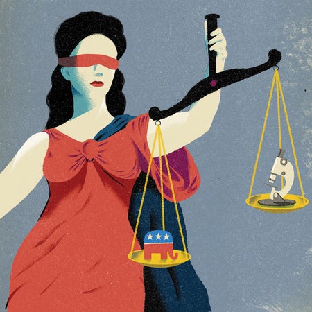 Illustration of a female statue holding the scale of justice with a political and scientific symbol on each weight