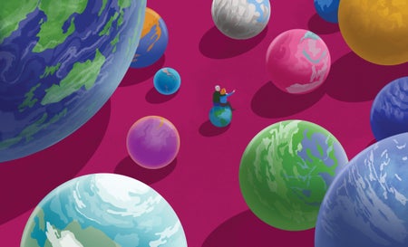 Illustration of people sitting on Exoplanets looking at others