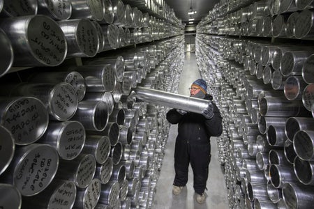 National Ice Core Laboratory, holds a one-meter section of an ice core stored at -36 degrees C.