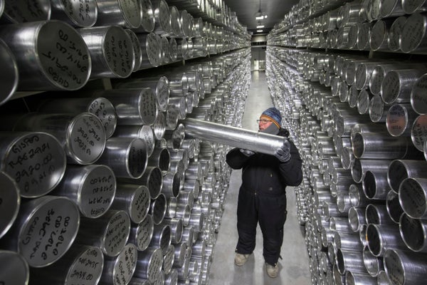 National Ice Core Laboratory, holds a one-meter section of an ice core stored at -36 degrees C.