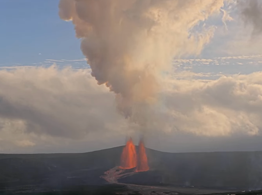 View from Halemaʻumaʻu Crater, with two lava clouds and a large cloud rising from the crater